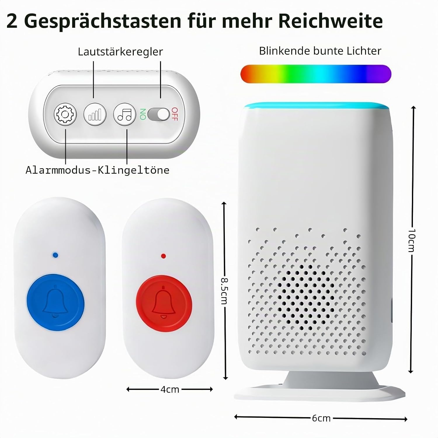 Diagramm zeigt zwei weiße Türklingelknöpfe in Blau und Rot sowie einen Lautsprecher mit Maßen und Lichtanzeige.