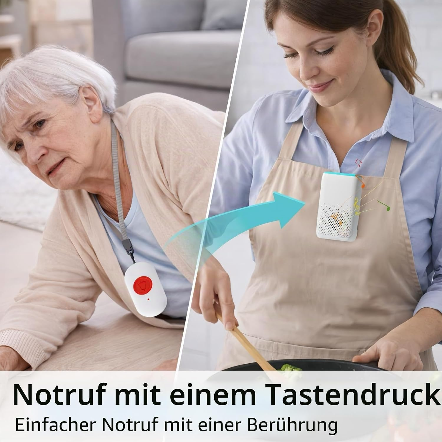 Eine Seniorin mit Notrufknopf und eine Frau in einer Apron kochen; ein Pfeil zeigt die Verbindung.