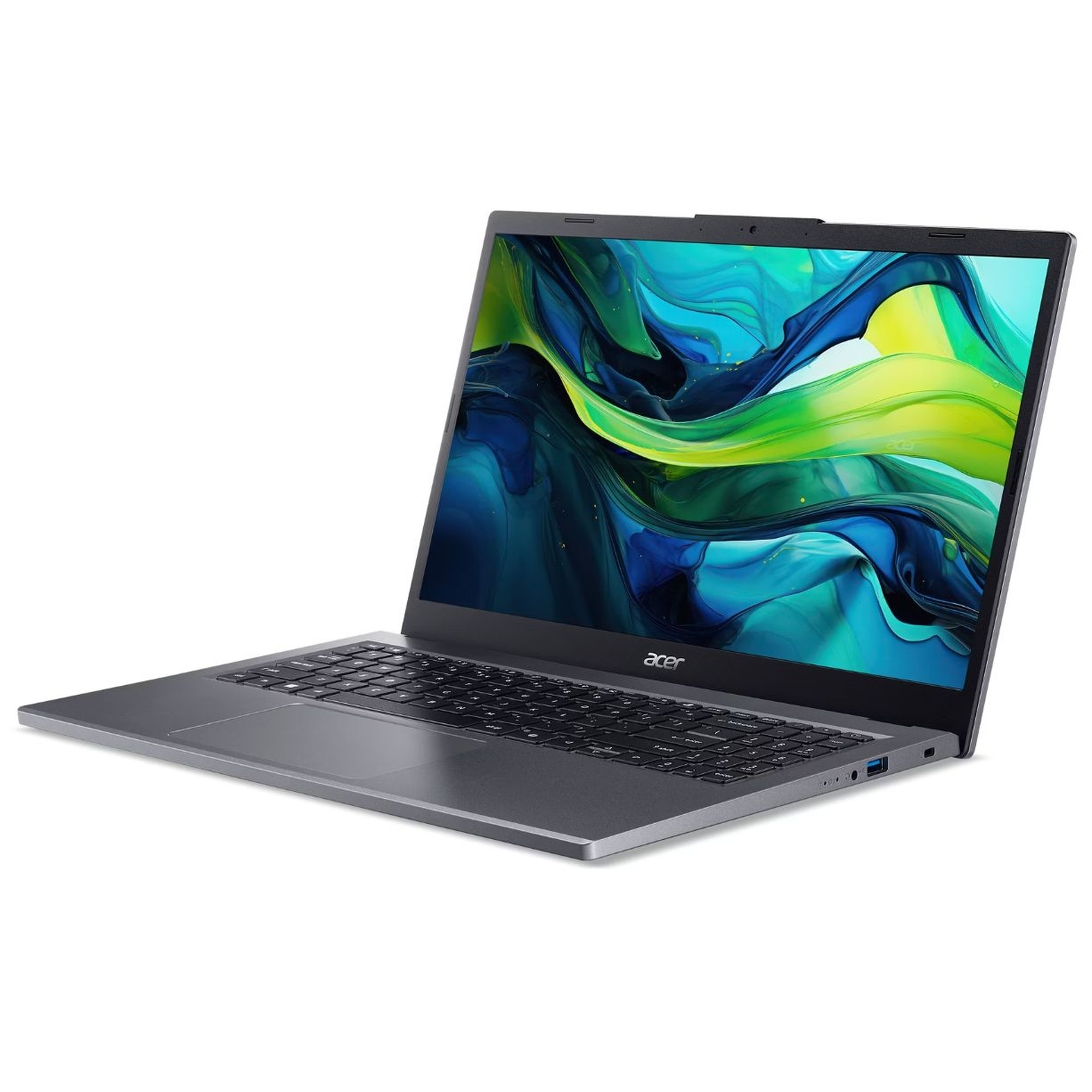Beyaz bir yüzeyde duran gri bir Acer dizüstü bilgisayar, ekranında renkli soyut bir duvar kağıdı gösteriyor.