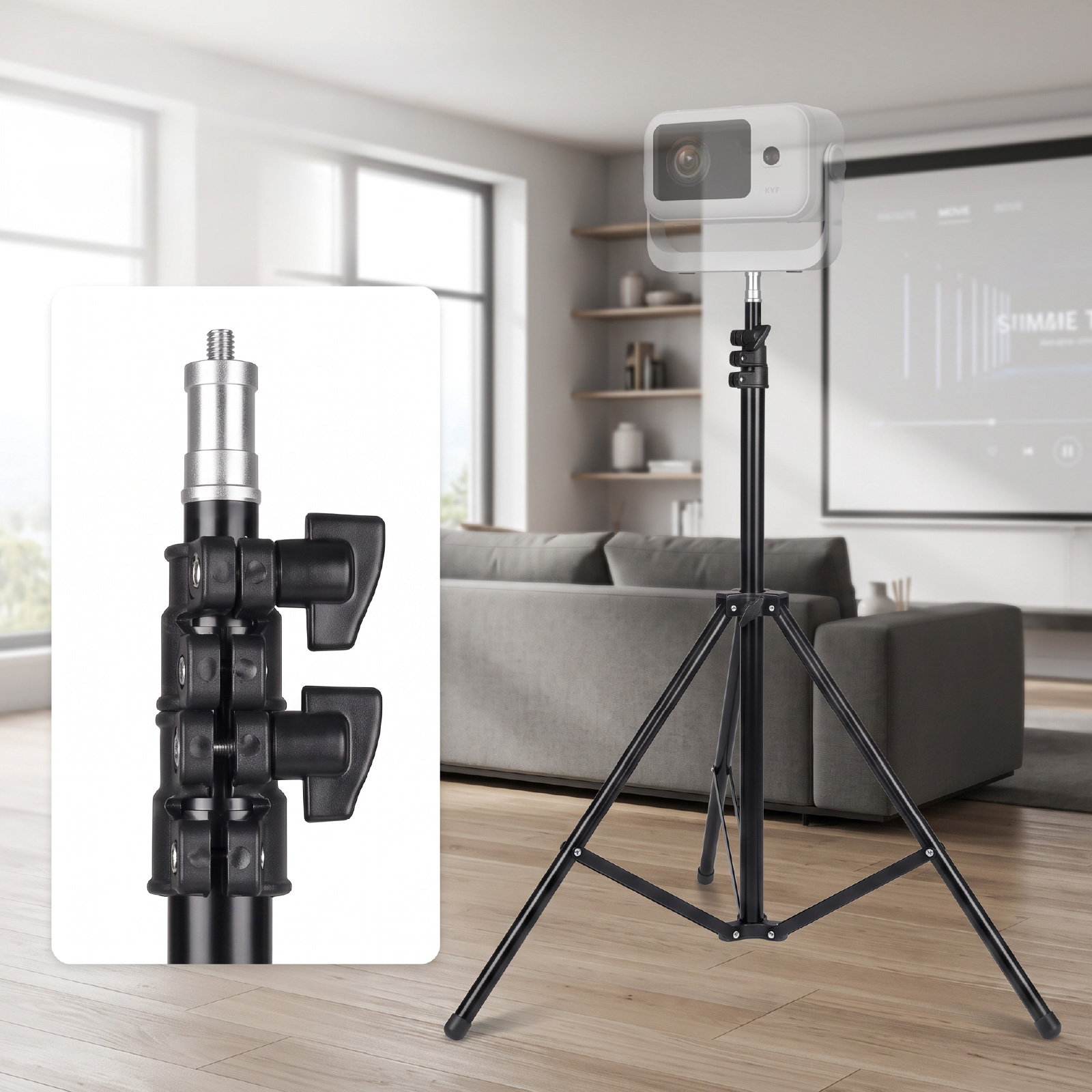 Un proyector en un trípode en una sala, con un detalle de los pomos de ajuste.
