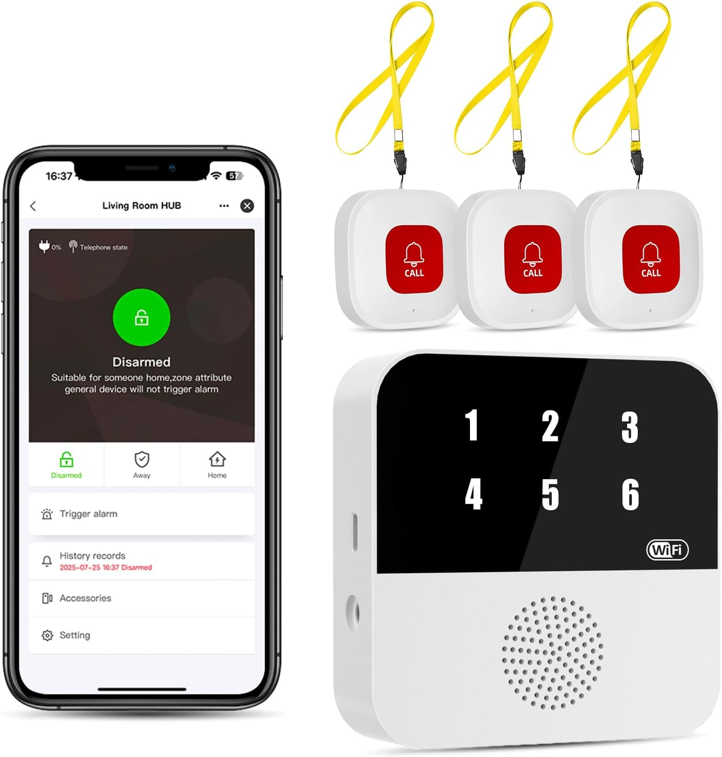 Sicherheits-App auf Smartphone, drei Notfallknöpfe mit gelben Bändern und eine weiße Basisstation mit Nummern.