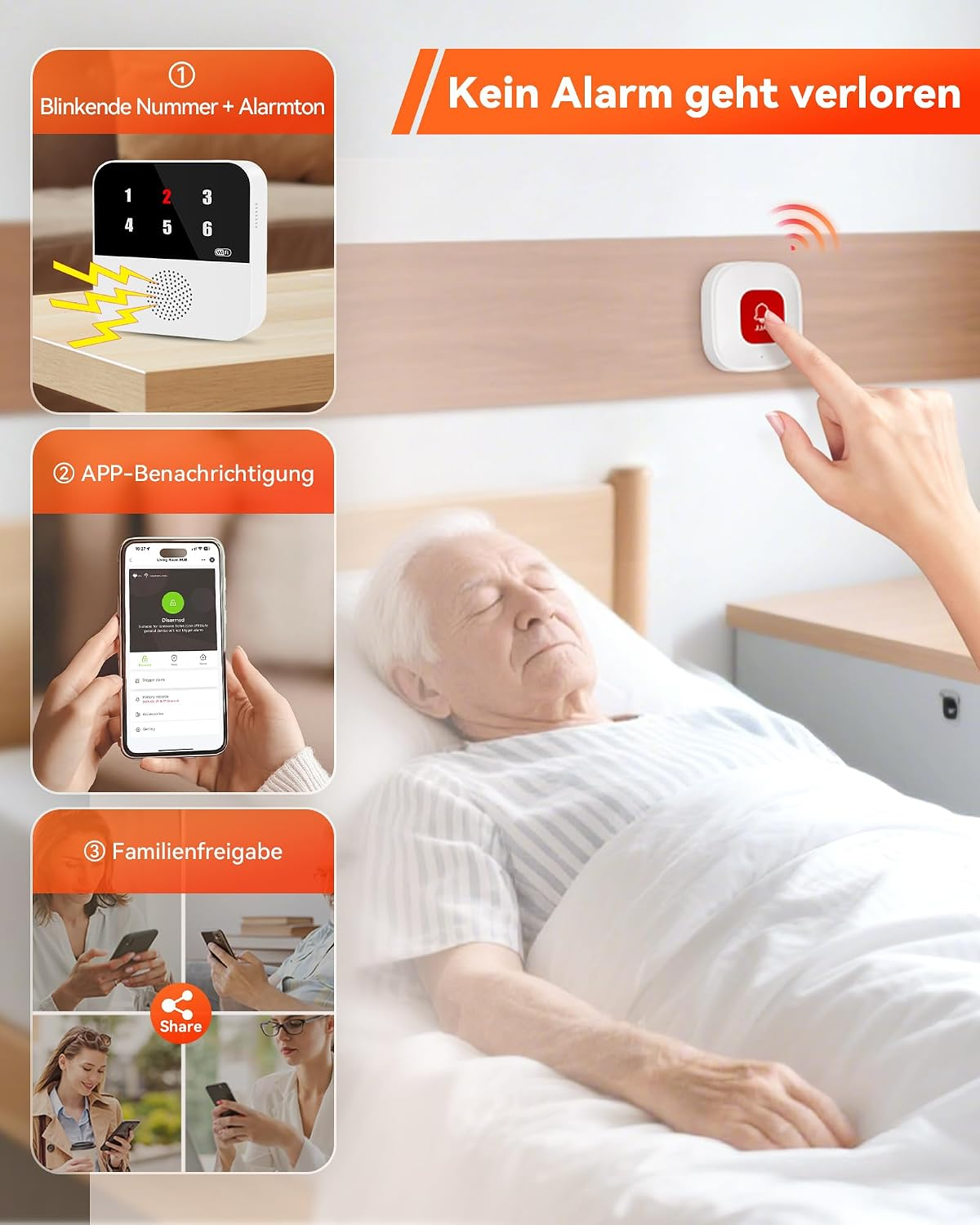 Ein älterer Mann schläft im Bett, mit Einbauten für Alarmanlage, App-Benachrichtigung und Familienfreigabe.