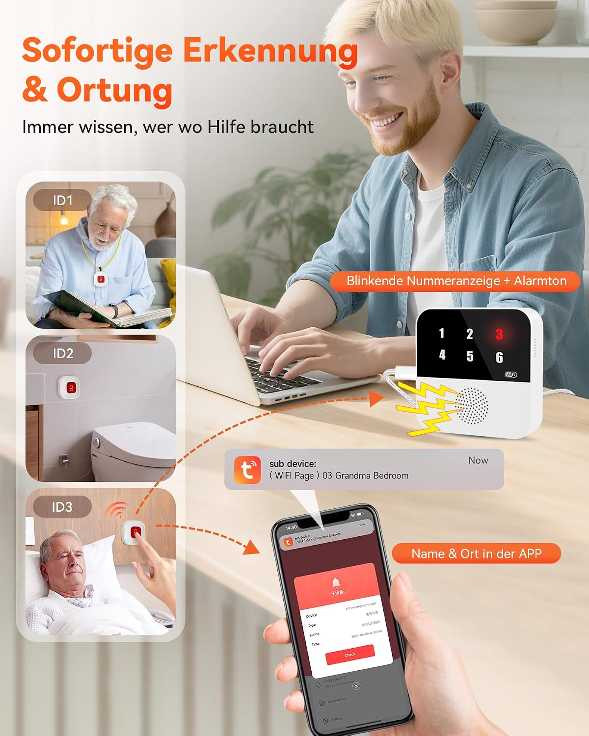 Ein Mann sitzt an einem Laptop und bedient ein Notrufsystem für Senioren mit Smartphone-App.