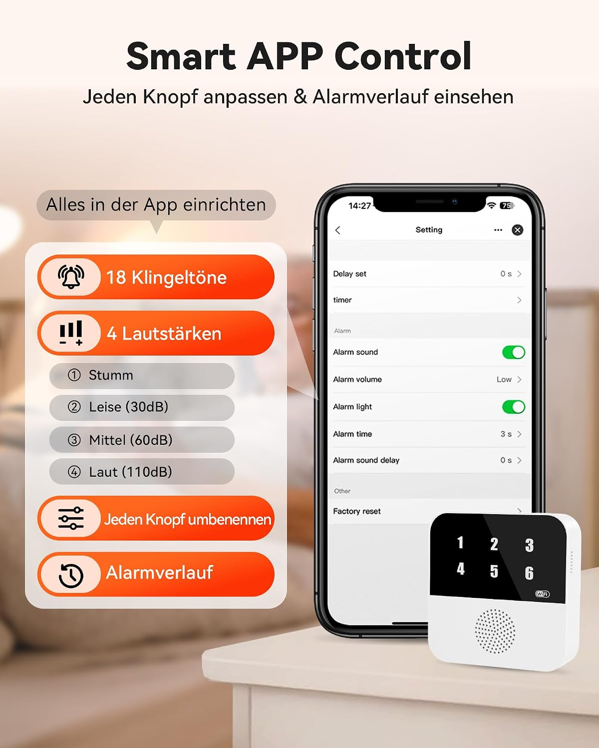 Smartphone zeigt Smart-App-Steuerung für einen Alarm mit Tönen und Lautstärken.