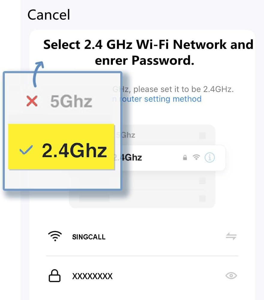 Screenshot der App zur Auswahl eines 2,4 GHz W-LAN-Netzwerks und Eingabe des Passworts.