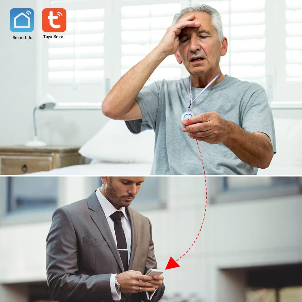 Ein älterer Mann drückt einen Notfallknopf, während ein Geschäftsmann auf seinem Smartphone eine Benachrichtigung erhält.