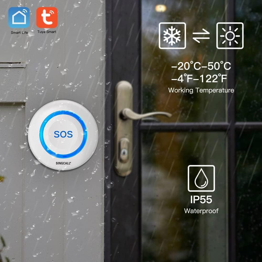 Wasserdichter SOS-Notrufknopf mit App-Symbolen und Temperaturanzeige im Regen.
