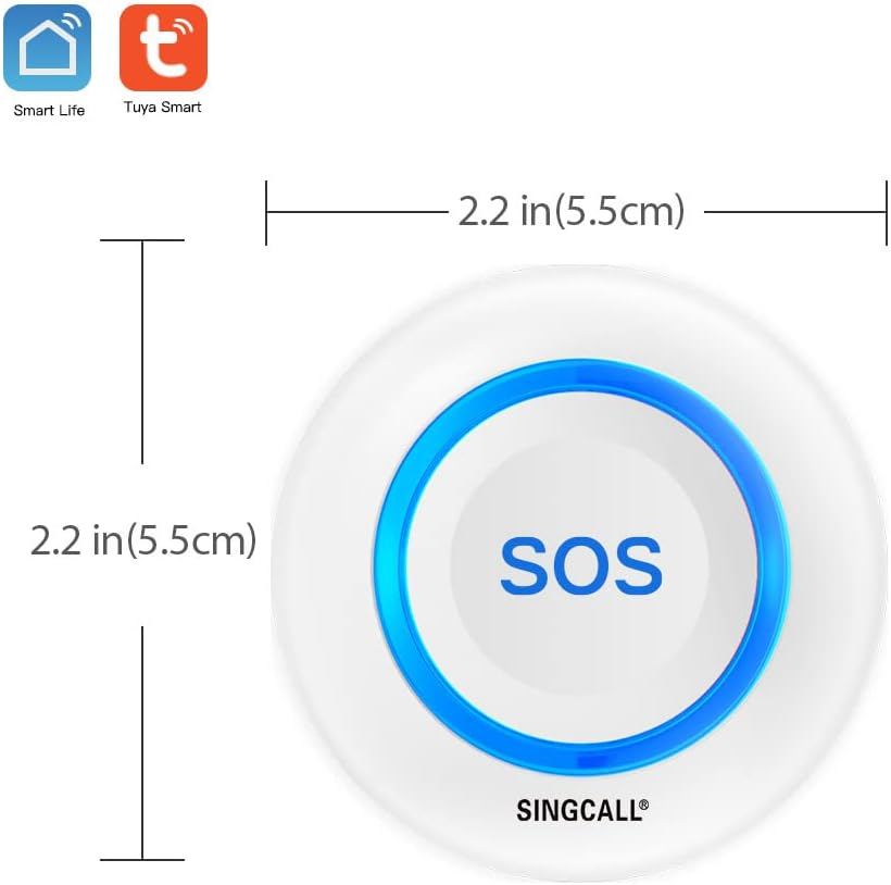 Runder, weißer SOS-Notfallknopf mit blauem Ring und Maßen von 2,2 Zoll, kompatibel mit Smart Life und Tuya Smart.