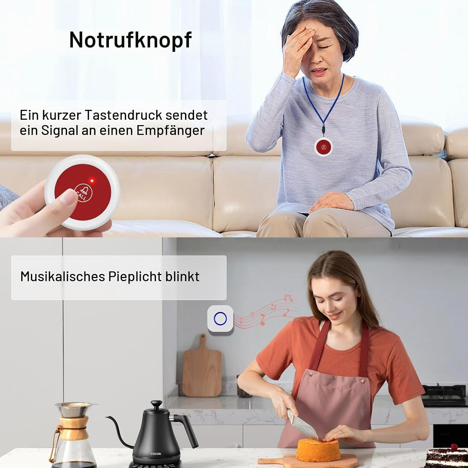 Ein Notrufknopf für Senioren, oben drückt eine Frau mit Schmerz im Kopf den Knopf, unten schneidet eine Frau Kuchen.