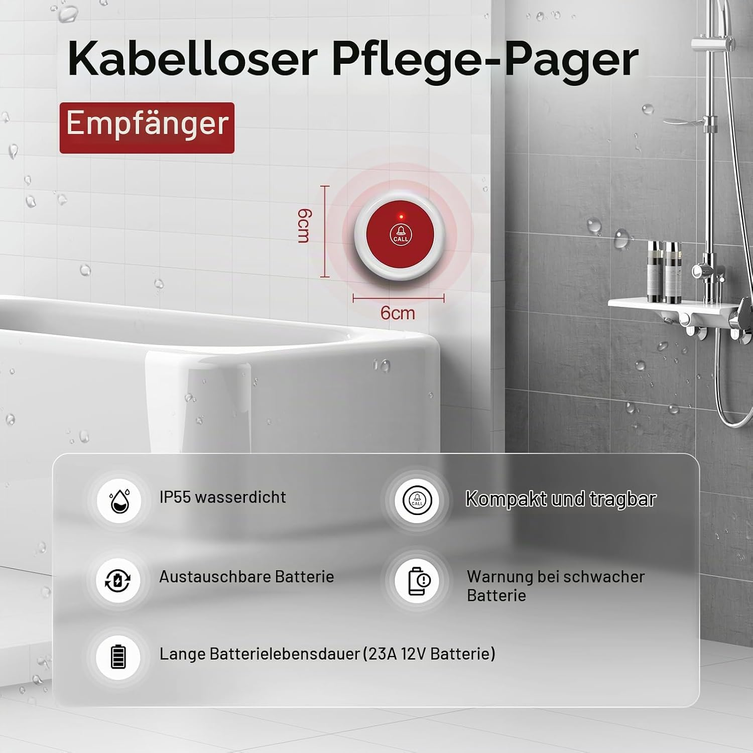 Kabelloser Pflege-Pager Empfänger an einer Badezimmerwand mit Text und Icons zu den Produktfeatures.