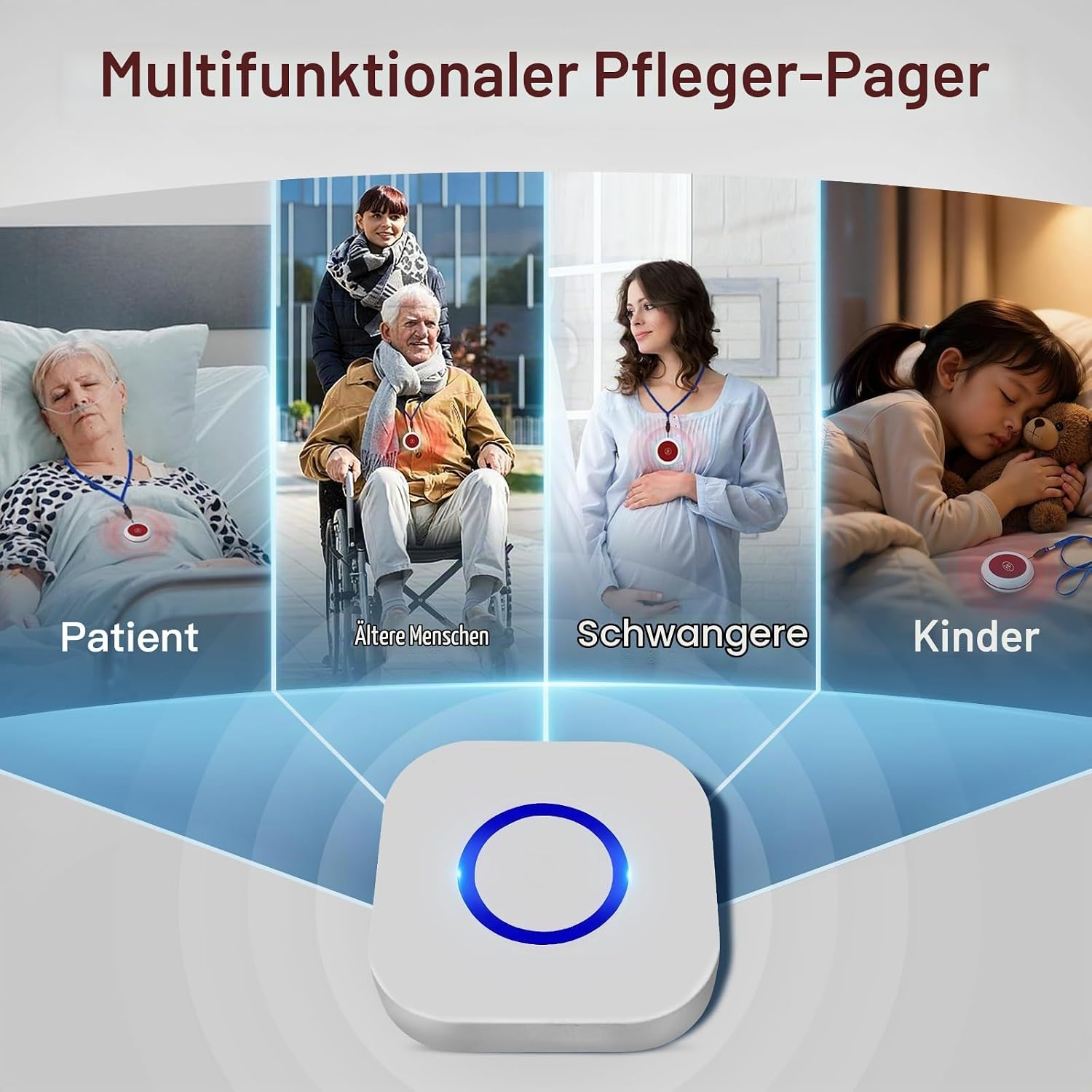 Vier Bilder zeigen die Nutzung des Notruf-Pagers für Patienten, Senioren, Schwangere und Kinder.