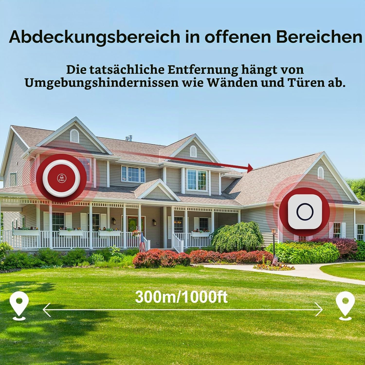 Ein großes Haus mit drahtlosen Geräten zeigt die Signalreichweite von 300m/1000ft an.