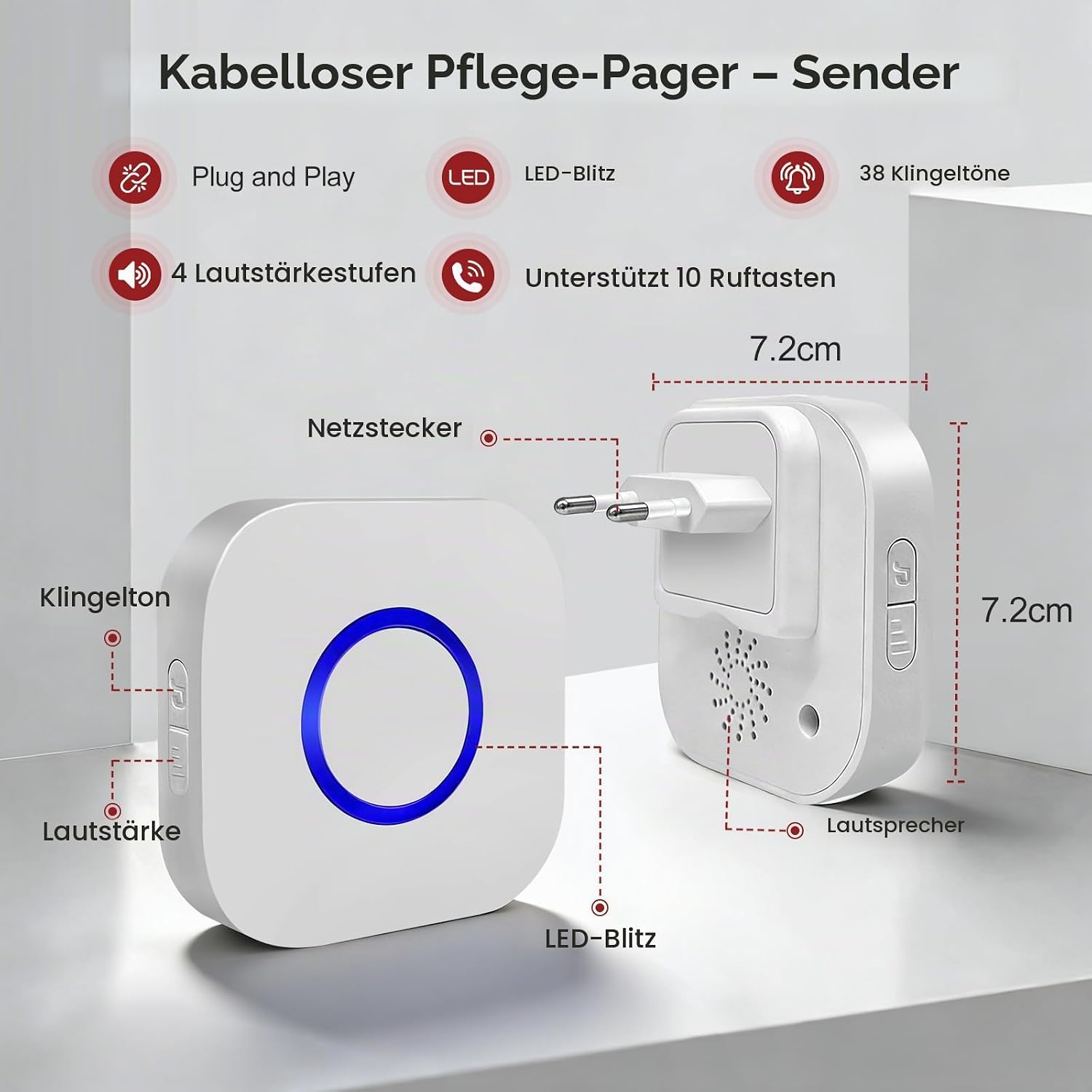 Produktgrafik eines kabellosen Pflege-Pagers mit Abmessungen, Stecker und Funktionen.