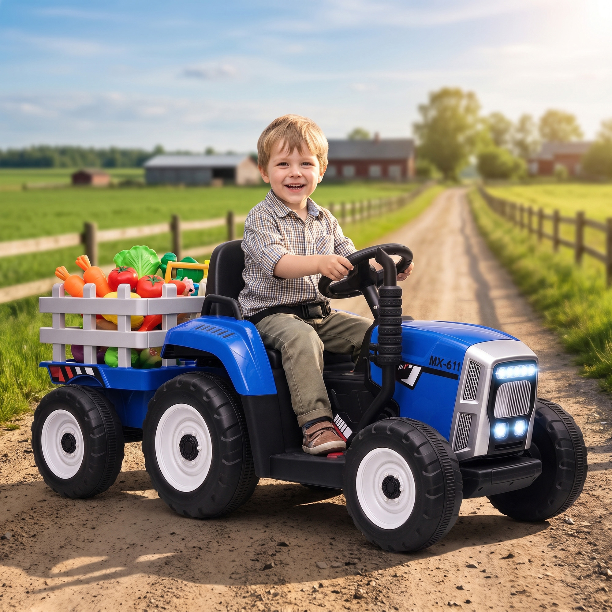 Un niño sonriente conduce un tractor de juguete azul con remolque de verduras en un camino.