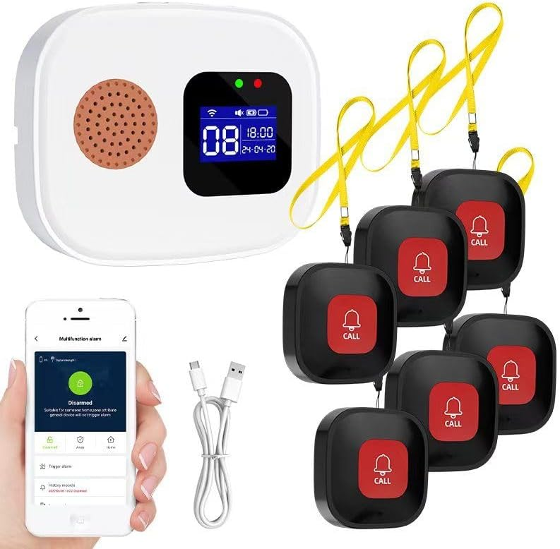 Ein weißes Alarmgerät mit Display, sechs Notrufknöpfen mit gelben Bändern, ein USB-Kabel und ein Smartphone.