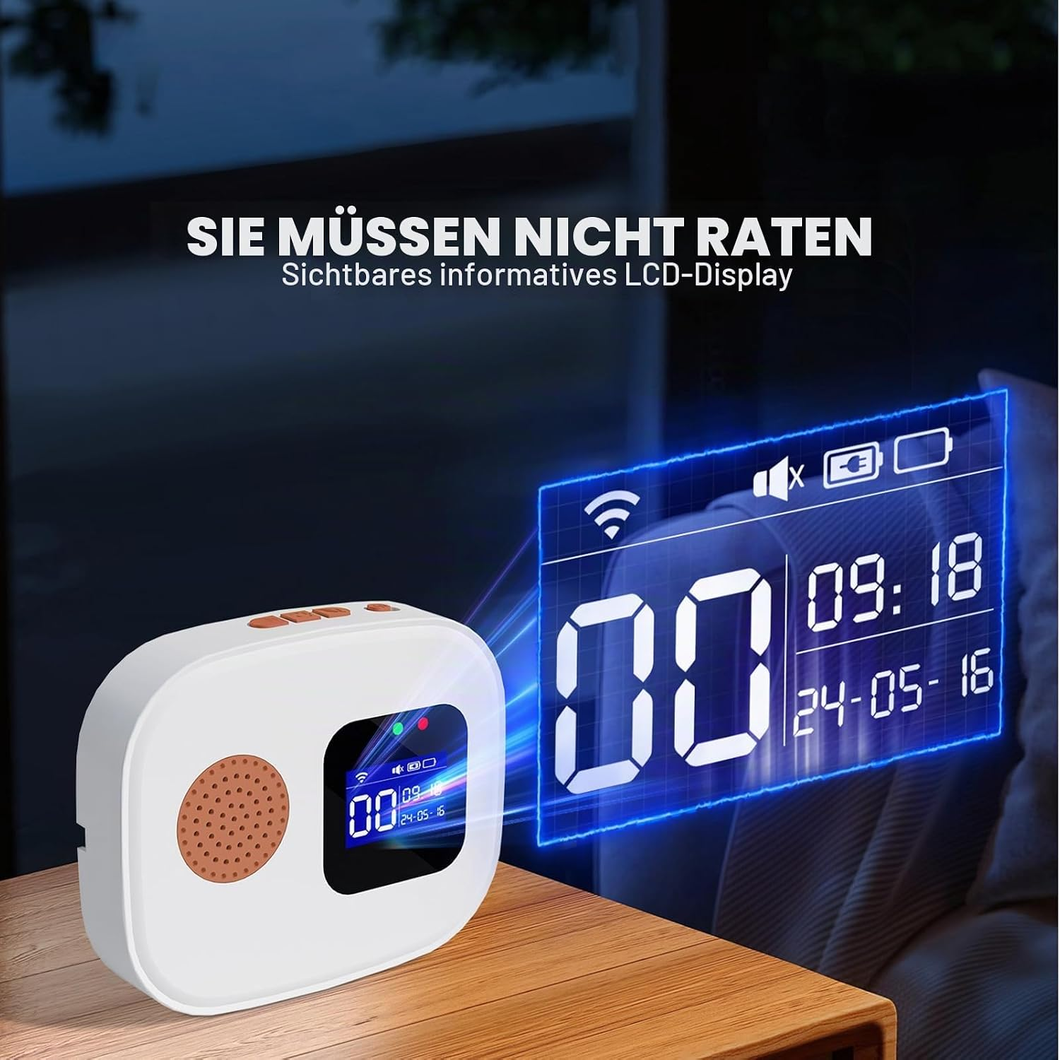 Weißes Gerät auf Holztisch mit LCD-Display, das große blaue Projektionszahlen anzeigt.