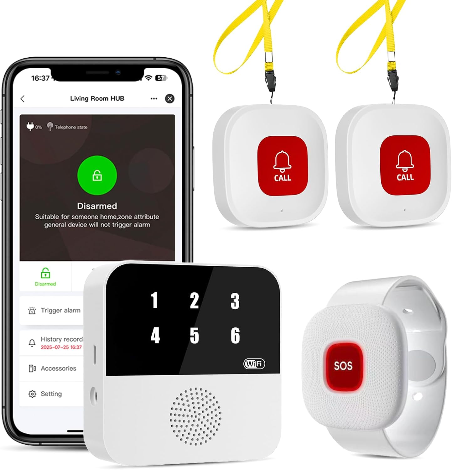 Ein Smartphone zeigt eine Sicherheits-App, daneben sind zwei Notrufknöpfe, ein Ziffernblock und ein SOS-Armband zu sehen.