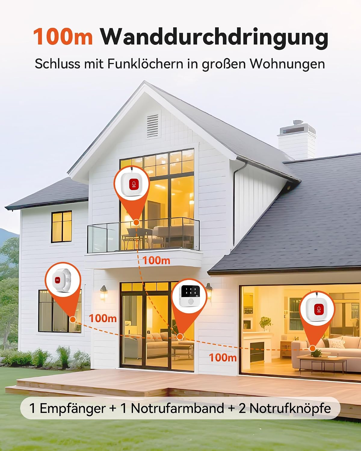 Moderne weiße Villa mit Terrasse, Text über 100m Wanddurchdringung und Notrufgeräten.