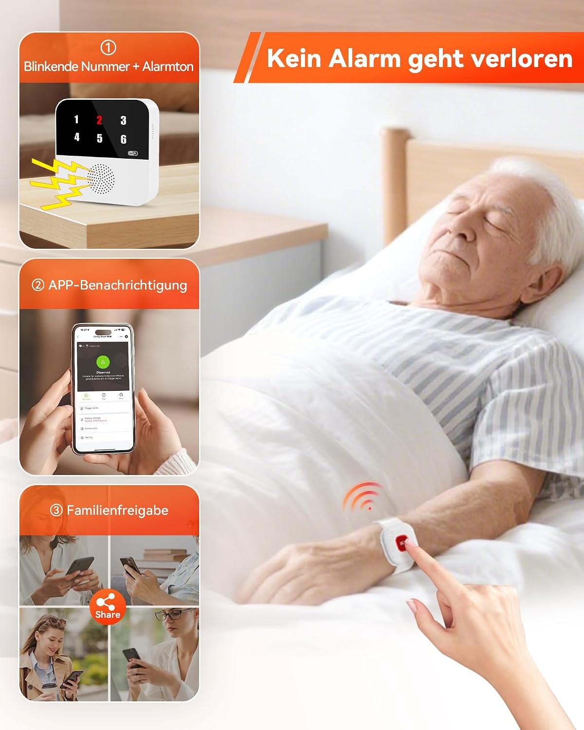 Ein älterer Mann schläft im Bett und trägt einen Notruf-Armreif, der mit einer App und einer Alarmstation verbunden ist.