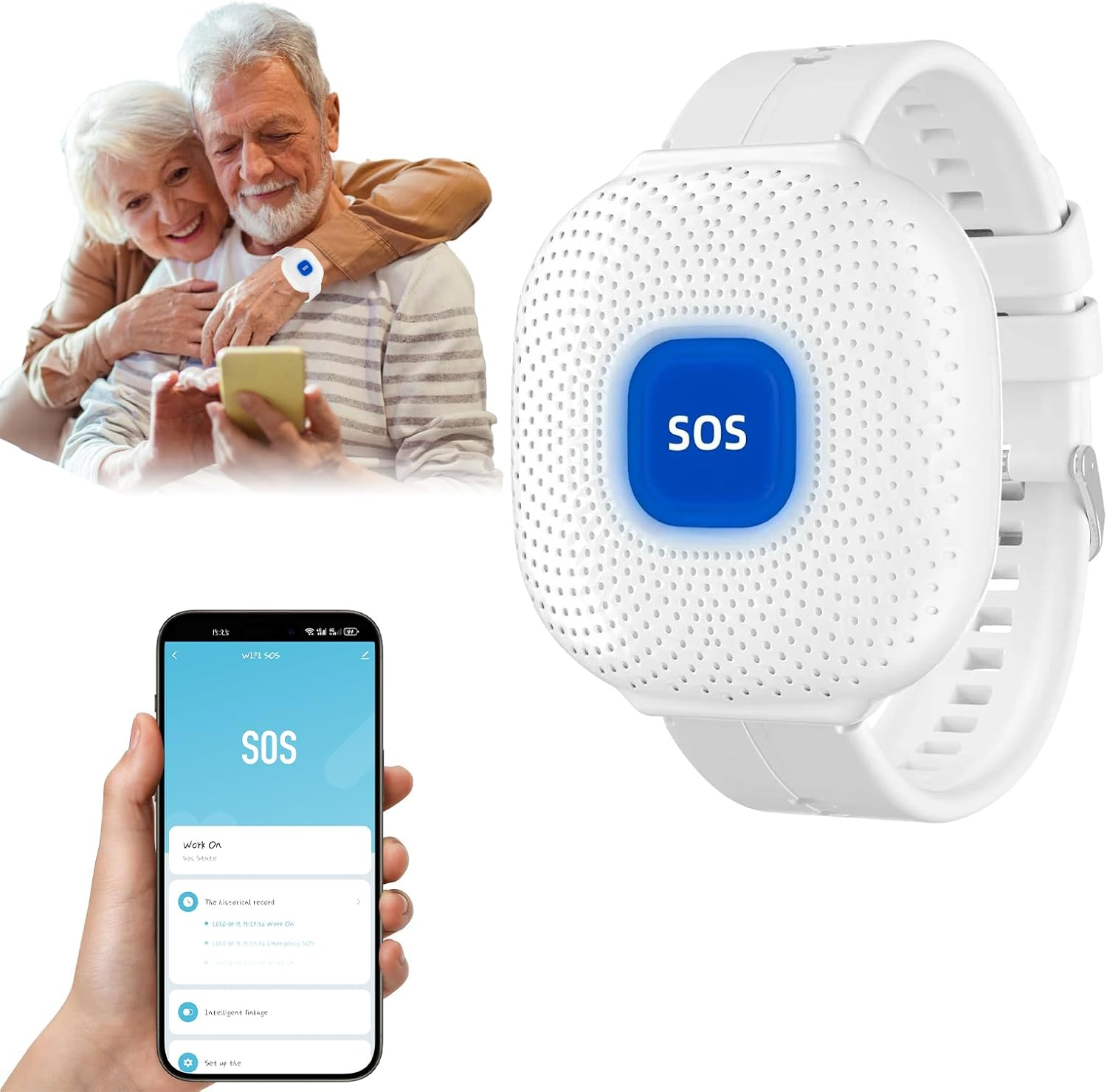 Ein weißer Notruf-Sensor mit blauem SOS-Knopf, eine ältere Paar und ein Smartphone mit App.