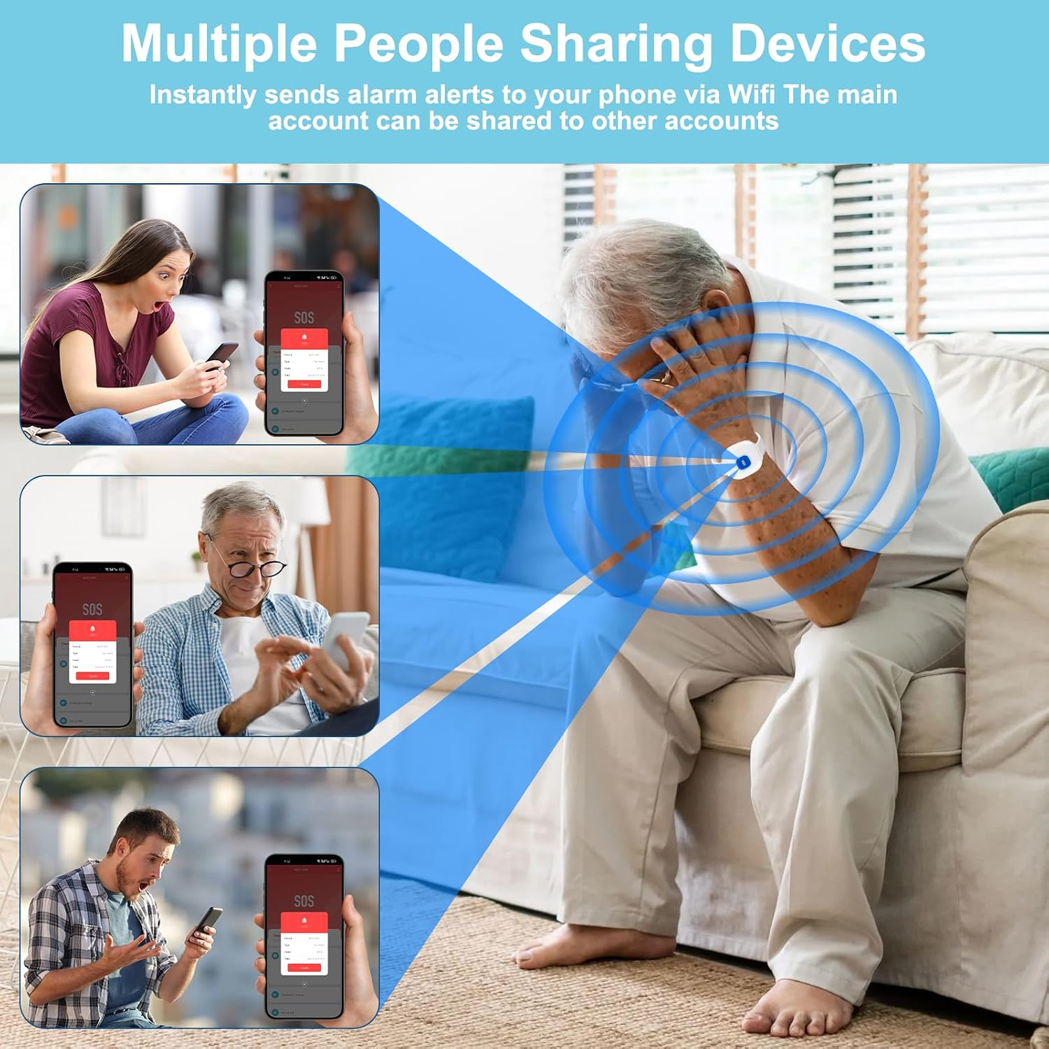 Senior sitzt auf Sofa, während verschiedene Personen per Smartphone SOS-Alarme über WLAN empfangen.