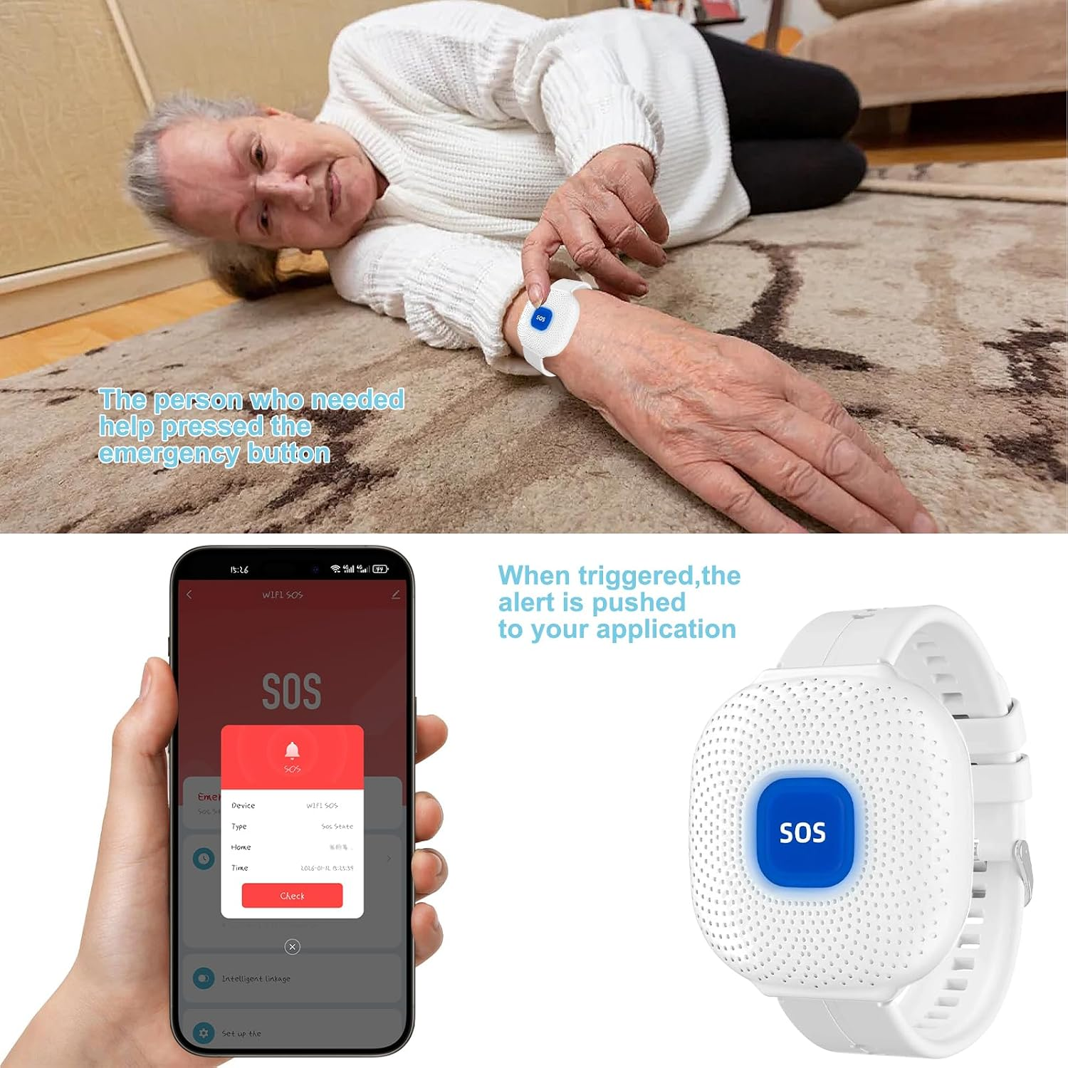 Ältere Frau drückt Notfallknopf auf ihrem SOS-Armband auf dem Boden, mit Smartphone-App und Detailansicht des Geräts.