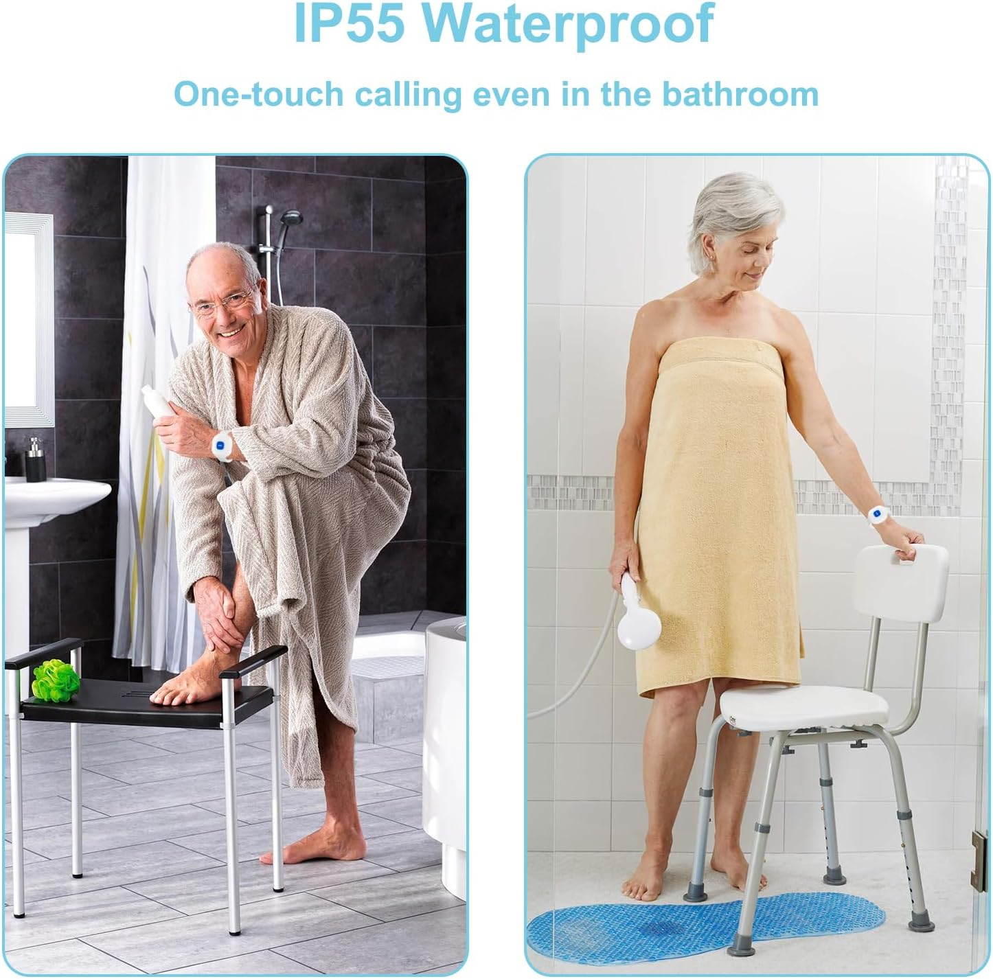 IP55 wasserdichter Notrufkopf für Senioren in zwei Badezimmerszenen.