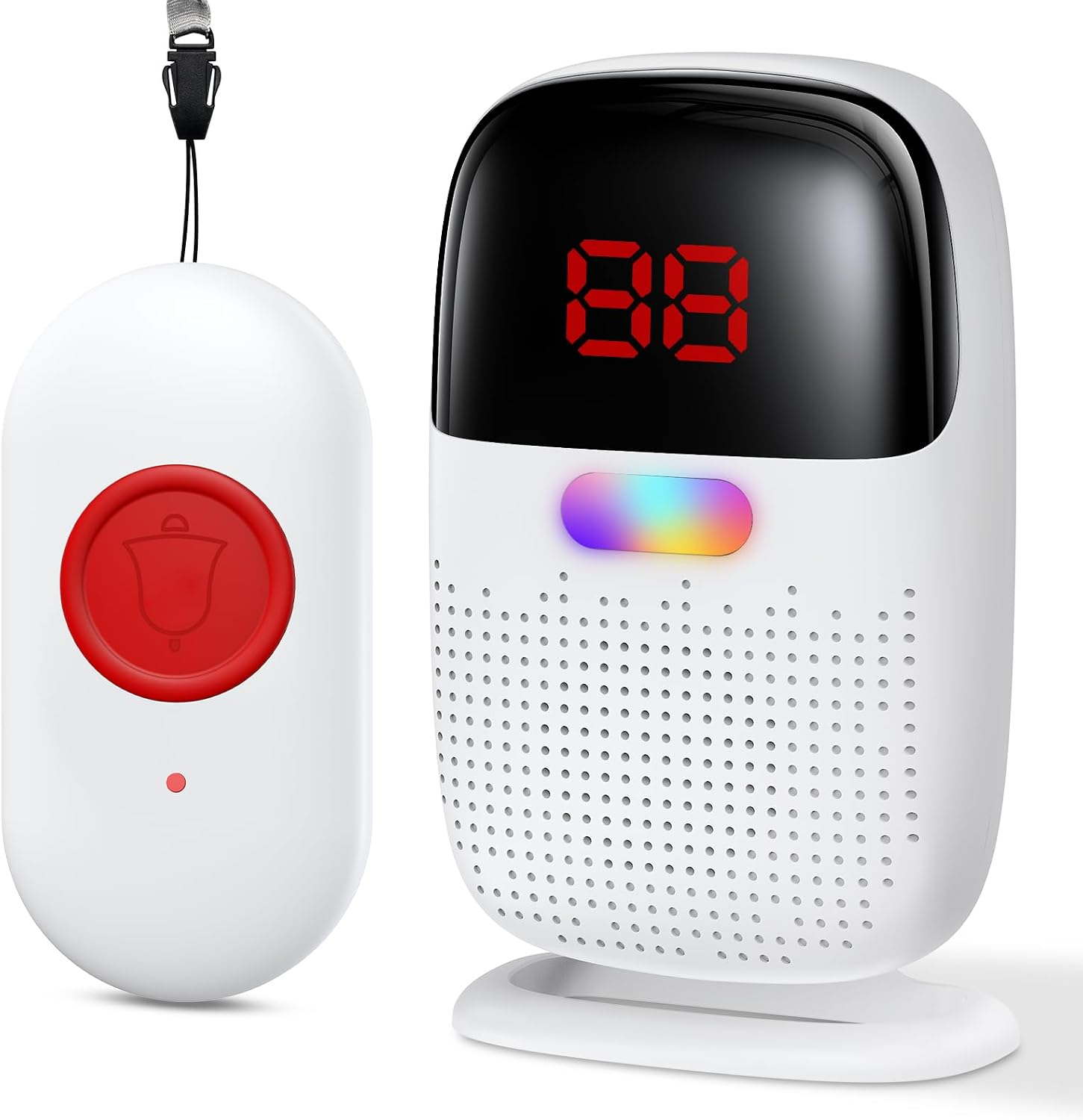 Ein weißer Notrufknopf mit roter Taste und ein weißer Empfänger mit rotem LED-Display.