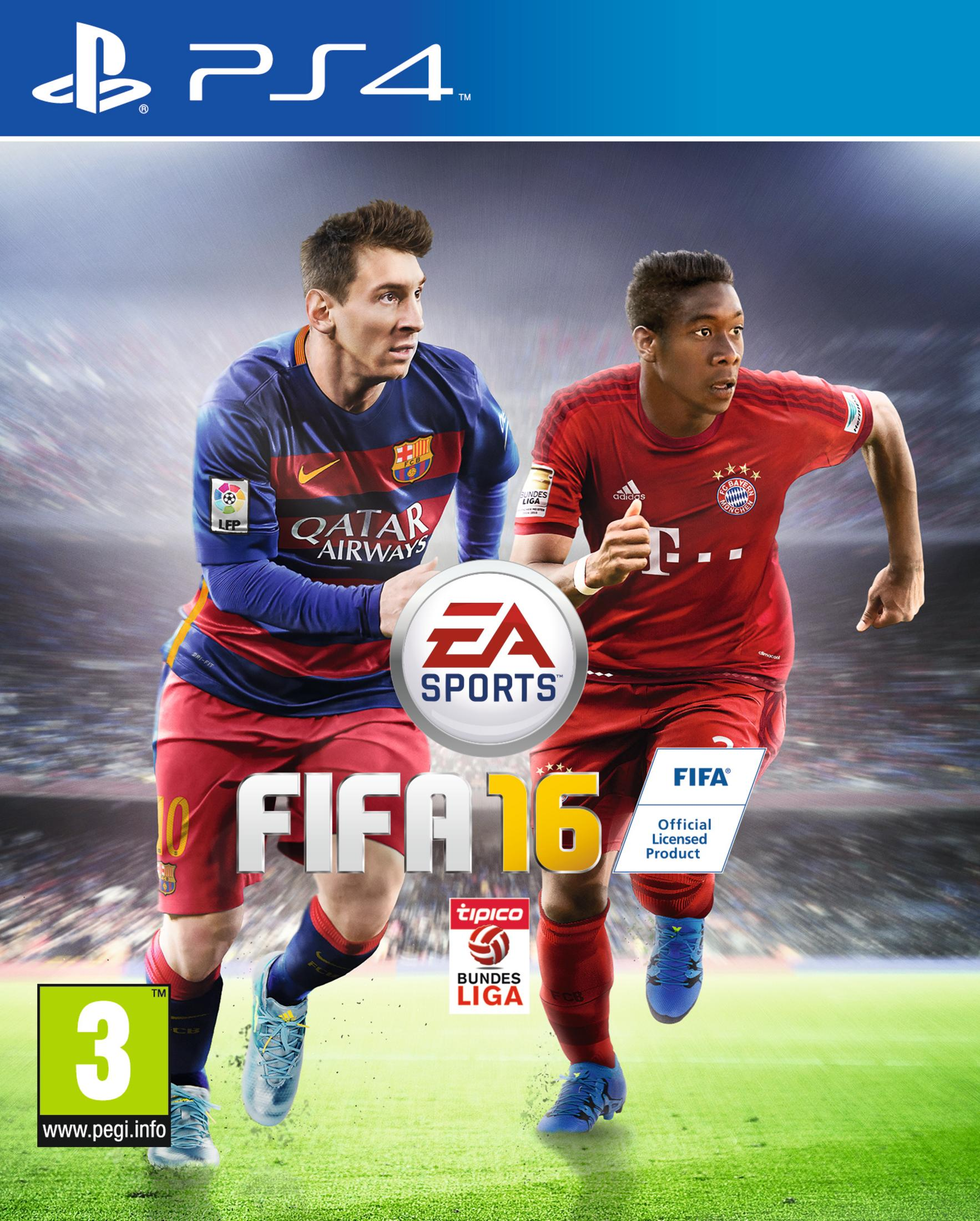 FIFA 16 PS4-Cover mit Lionel Messi und David Alaba auf dem Fußballfeld.