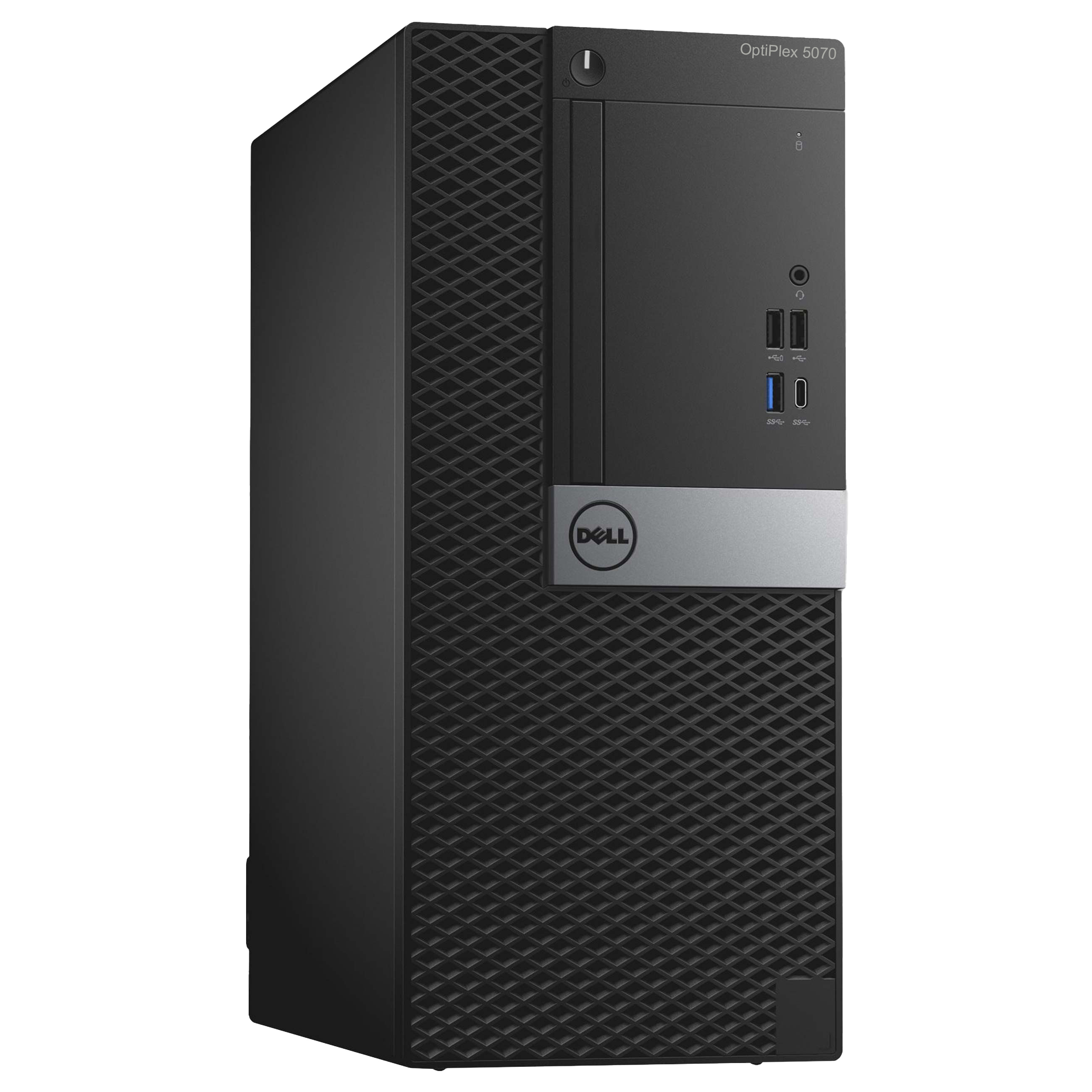 Schwarzer Dell OptiPlex 5070 Desktop-Computer mit Gitternetzfront auf hellem Hintergrund.