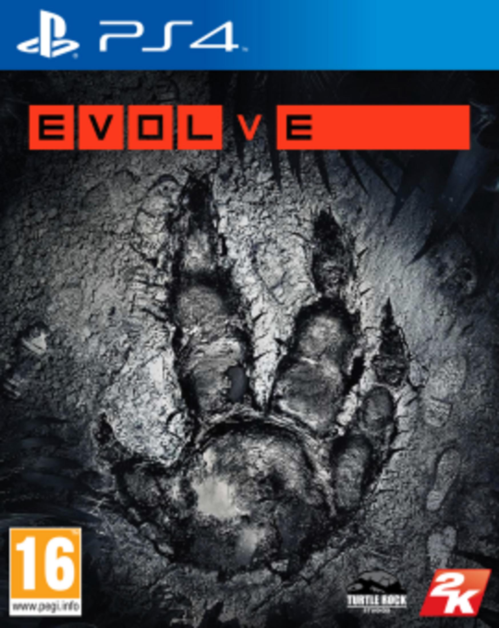 PS4-Videospielcover für Evolve zeigt einen großen Monster-Tatzenabdruck auf rissigem Boden mit PEGI-16-Einstufung.