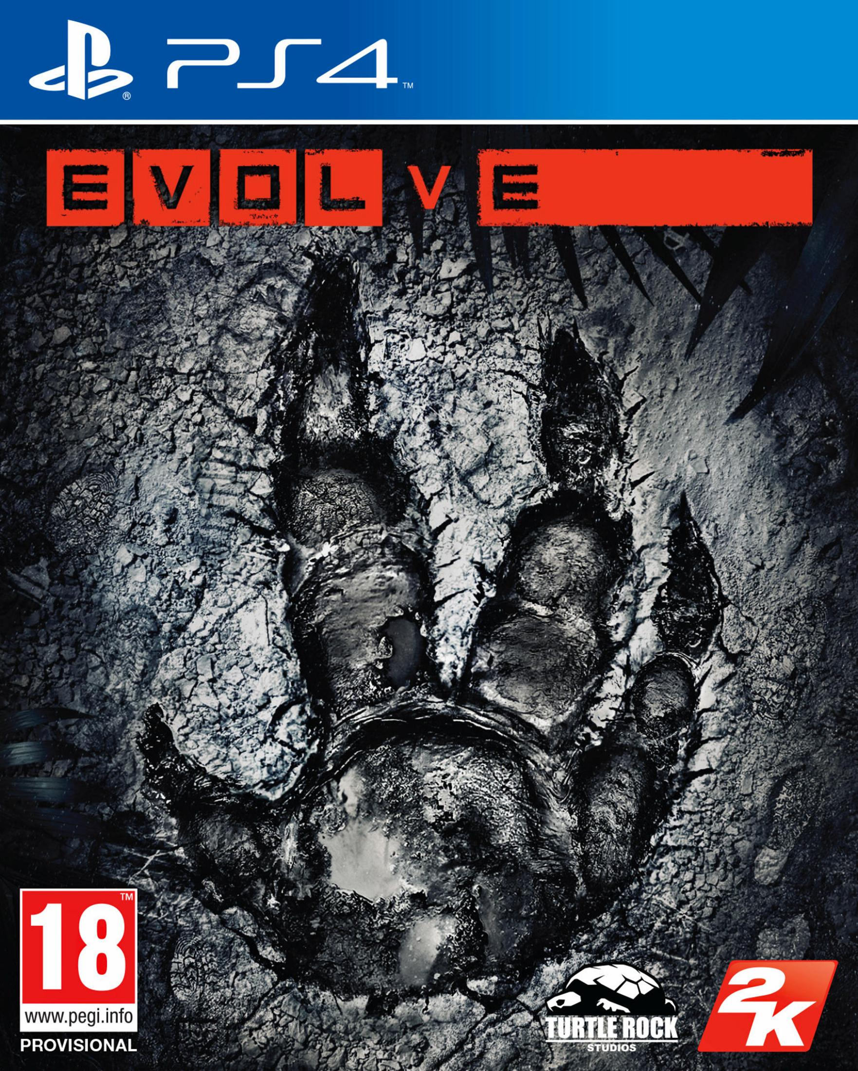 PS4-Videospielcover für Evolve mit einem großen Monster-Krallenabdruck auf rissigem Boden.
