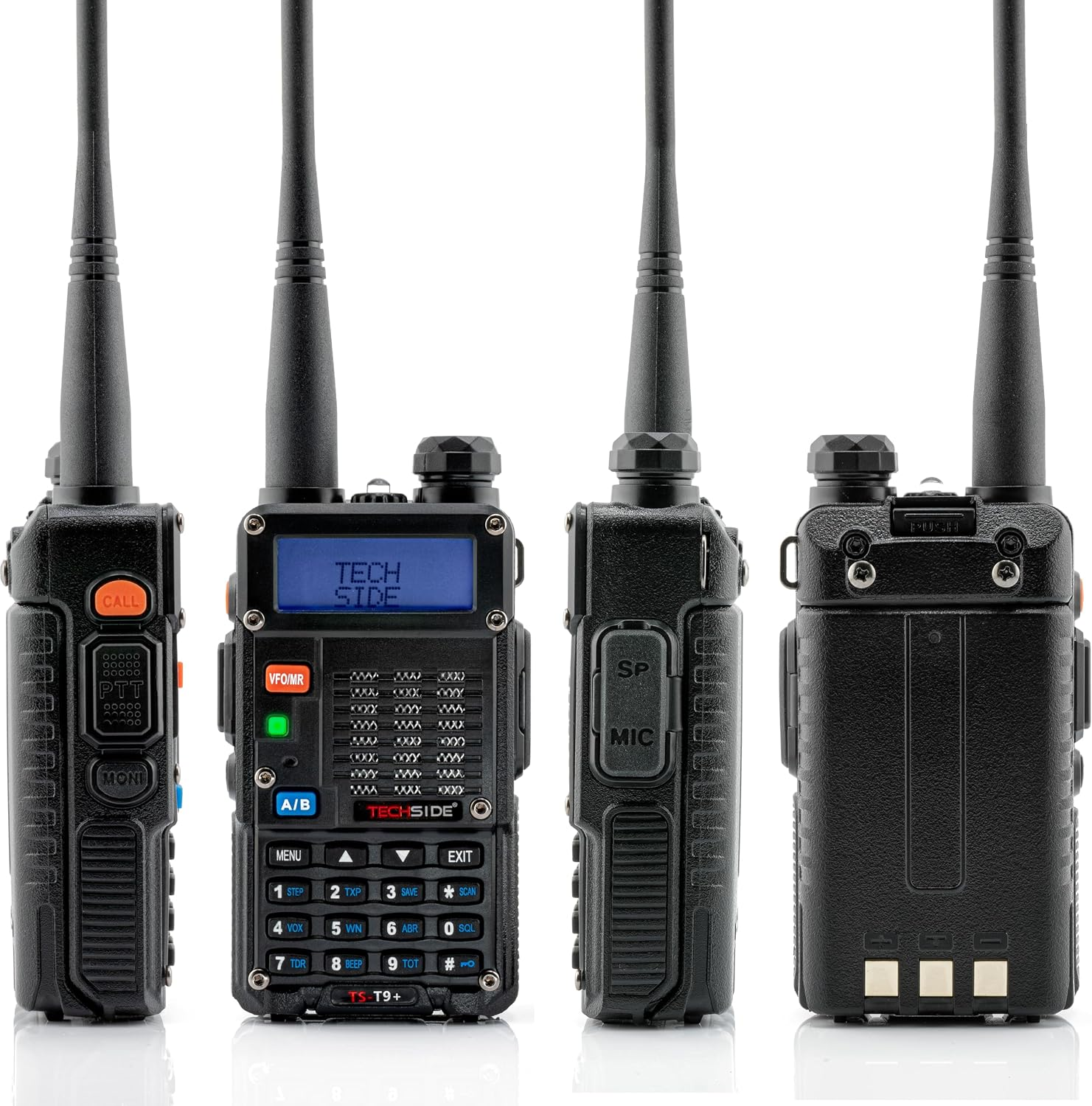 Quattro viste di una radio bidirezionale Techside nera che mostrano la parte anteriore, posteriore e laterale con antenna e tastiera.