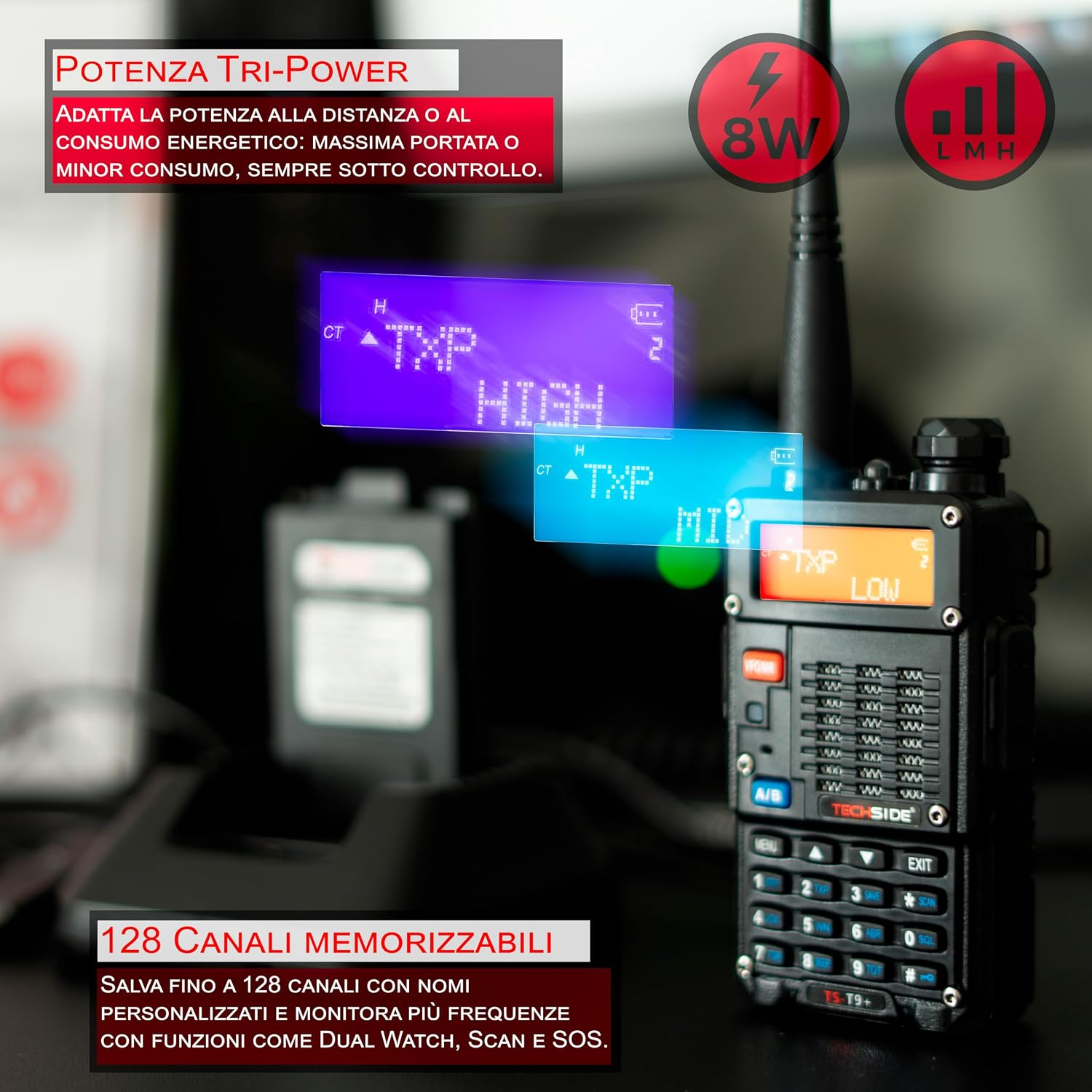 Radio portatile nera con antenna, display e tastiera, circondata da testo promozionale in italiano.