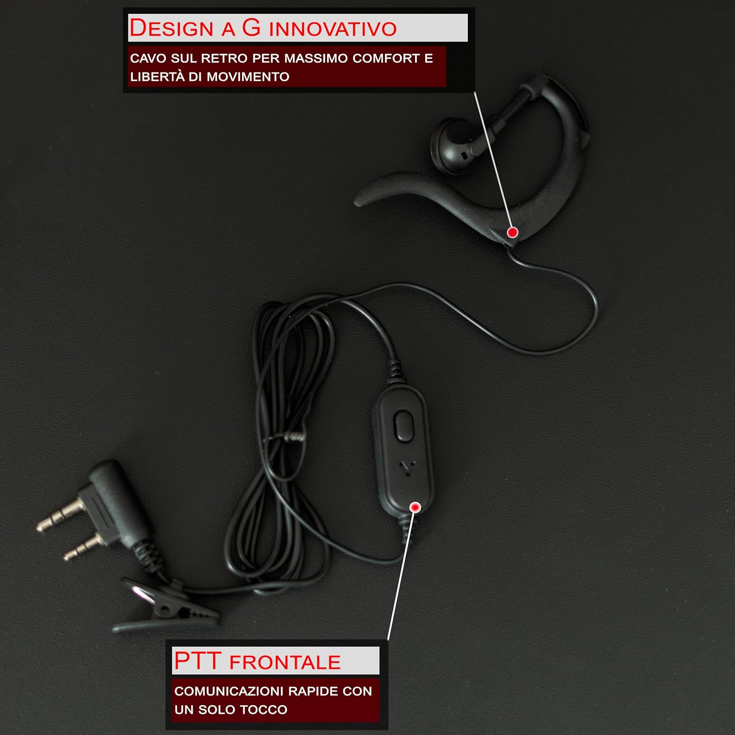 Auricolare nero a G con pulsante PTT cablato e jack audio su sfondo scuro.