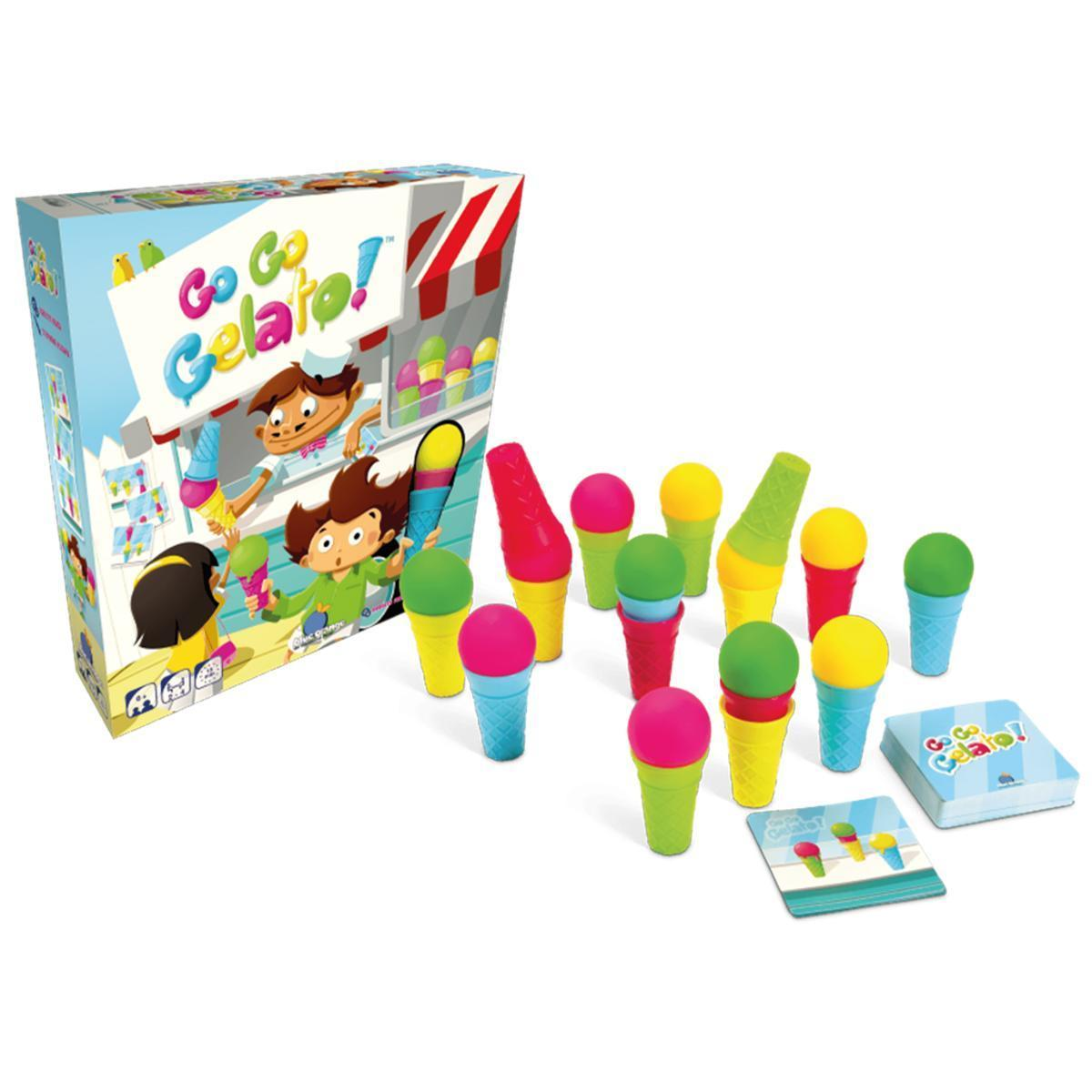 Juego de mesa Go Go Gelato con coloridos conos de helado, fichas y cartas sobre fondo blanco.