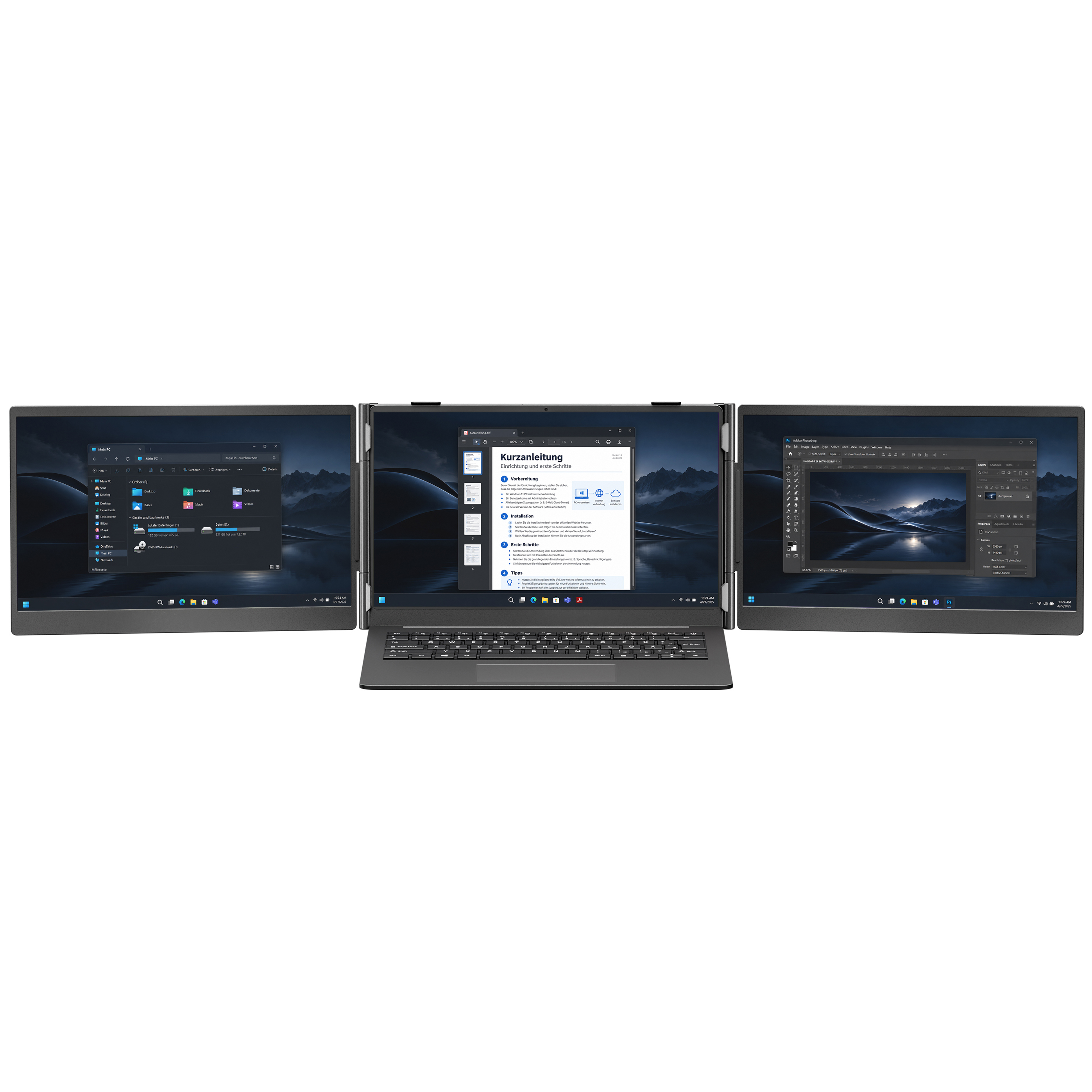 Ein tragbarer Dreifach-Bildschirm-Laptop-Erweiterer mit Tastatur zeigt geöffnete Fenster und Designsoftware.