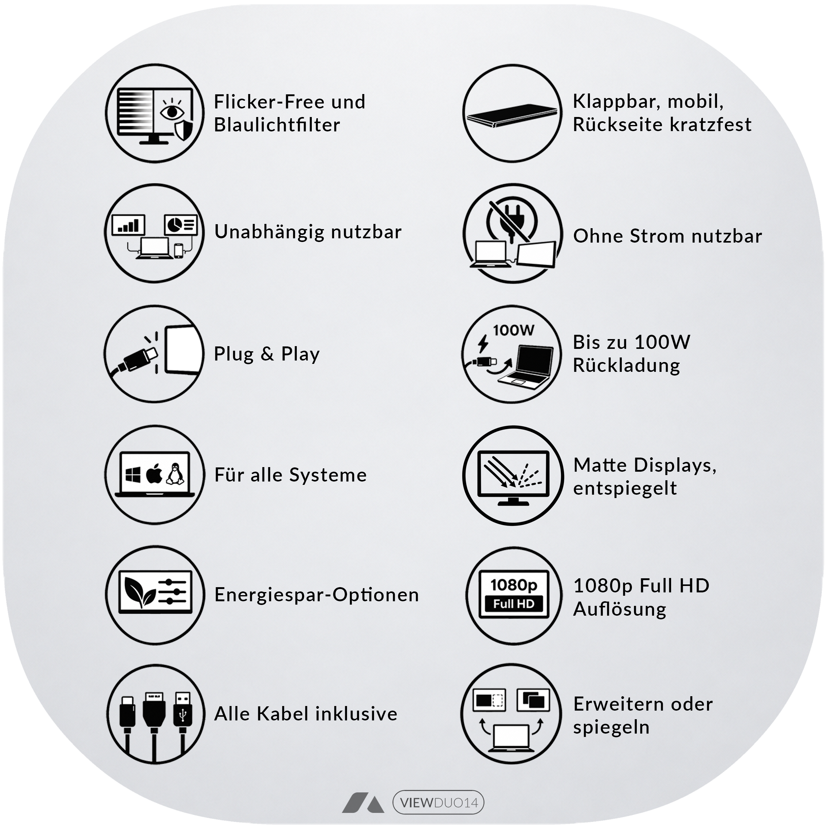 Übersicht von Infografiken mit Produkteigenschaften wie Flimmerfreiheit, Full-HD-Auflösung und Anschlüssen.