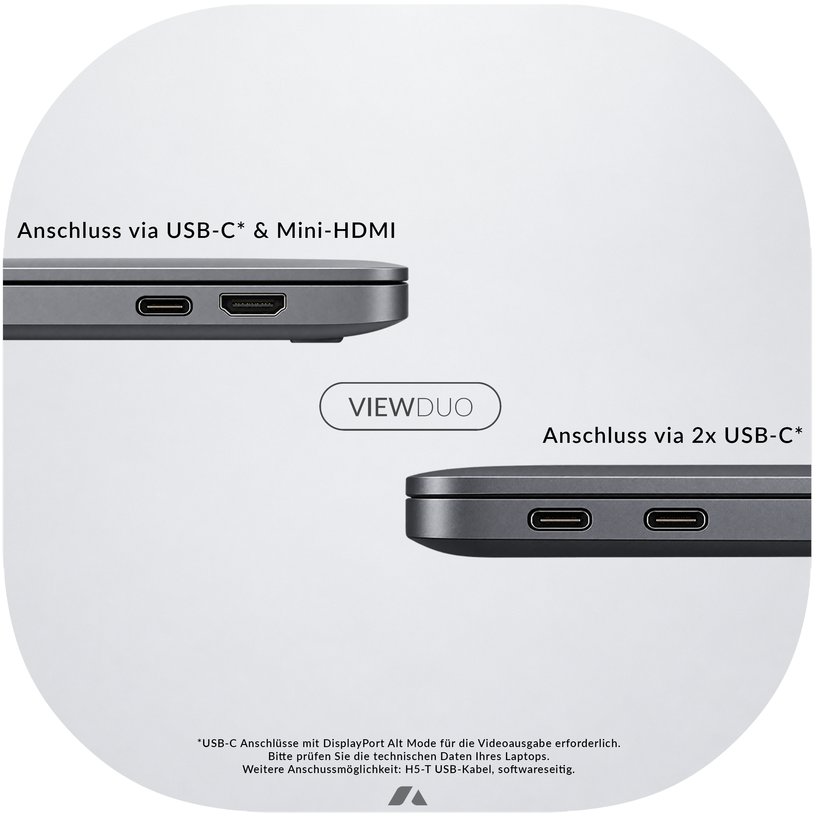 Seitenansicht zweier grauer Laptops mit USB-C und Mini-HDMI sowie zwei USB-C Anschlüssen.