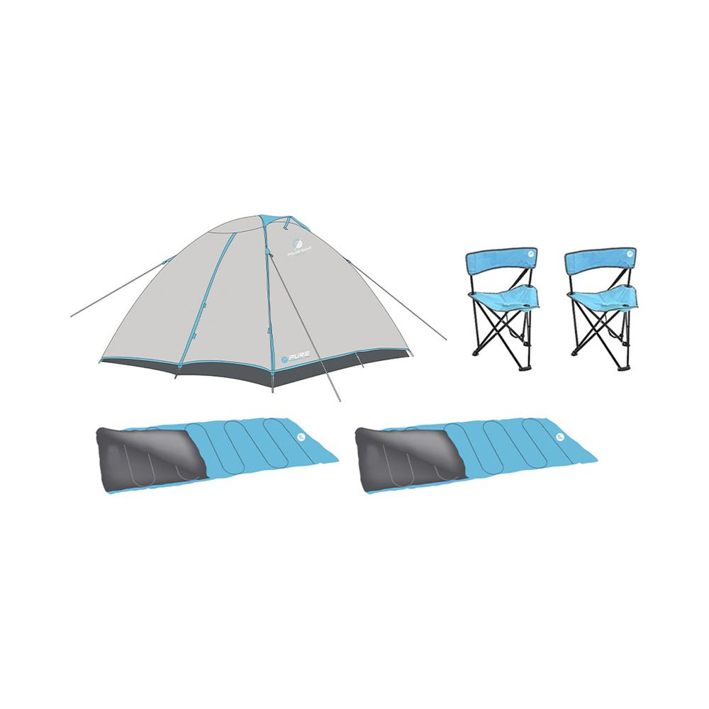 Une tente grise, deux chaises pliantes bleues et deux sacs de couchage bleus sur fond blanc.