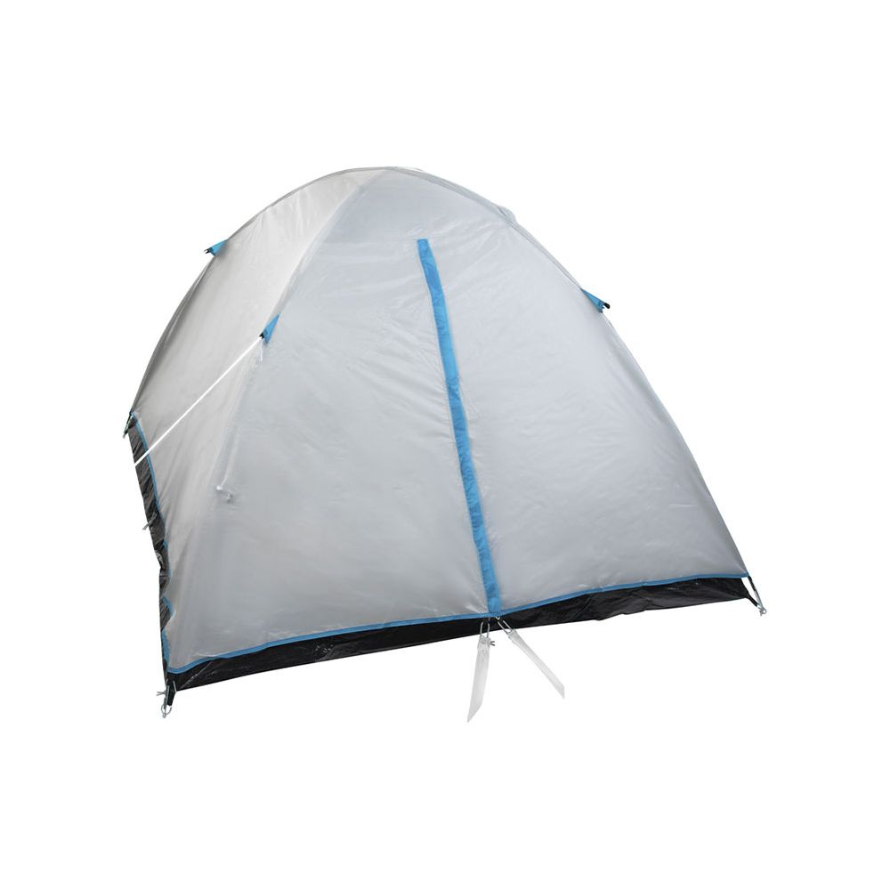 Une tente grise avec des accents bleus et une base noire sur fond blanc.
