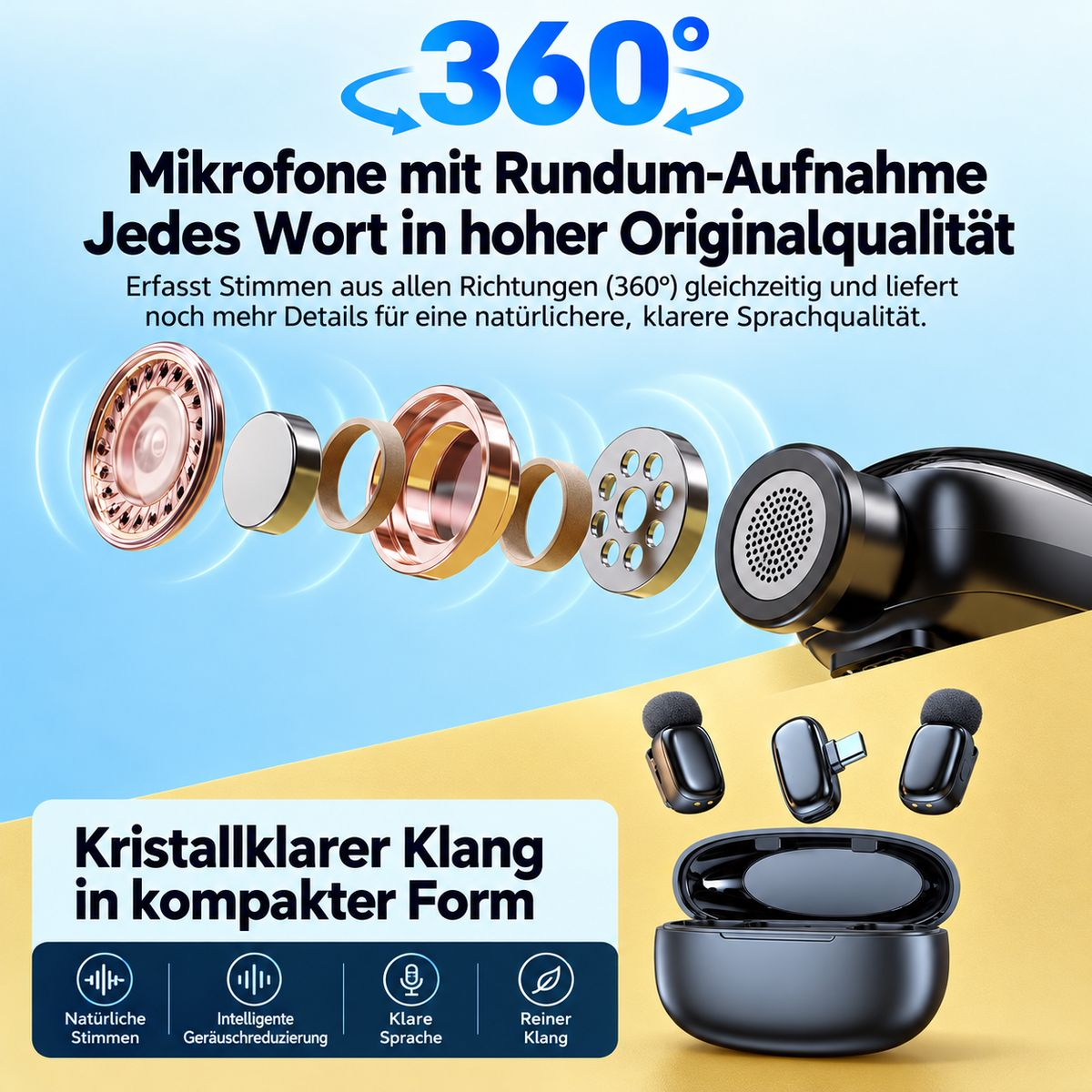 Diagramm zeigt die Komponenten kleiner kabelloser Mikrofone mit 360-Grad-Aufnahme und Ladecase.
