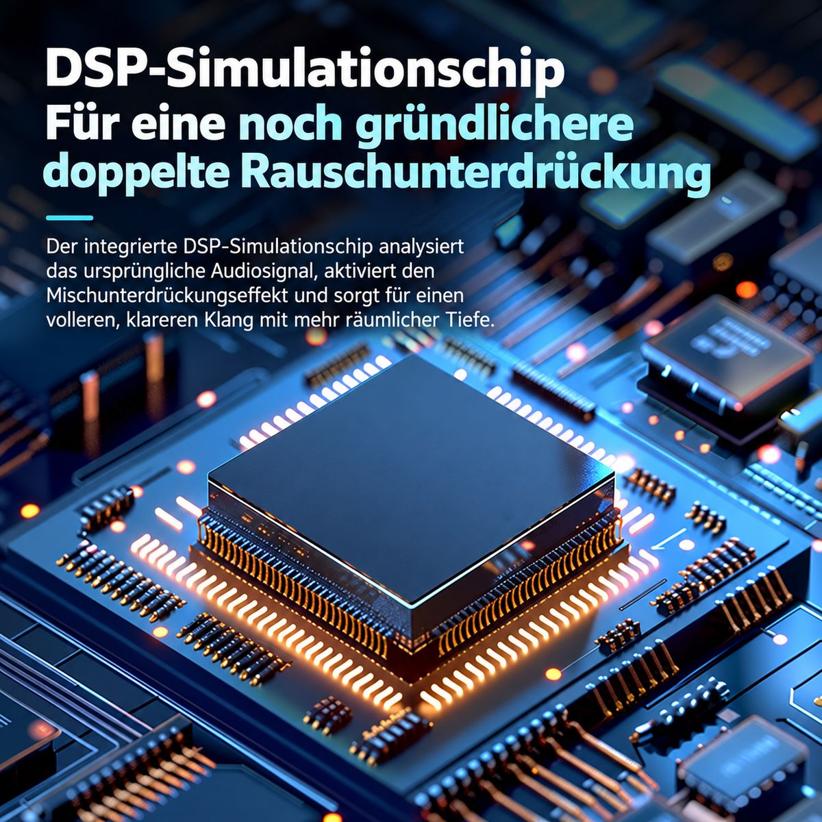 Ein blauer Mikrochip auf einer Platine mit deutschen Texten über DSP-Rauschunterdrückung.