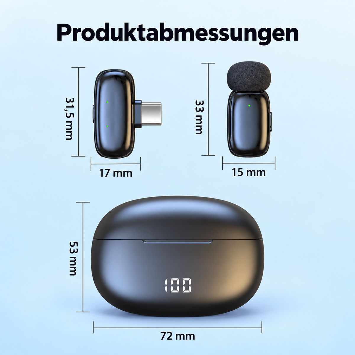 Produktabmessungen von drahtlosen Mikrofonen mit Ladecase und Maßangaben.