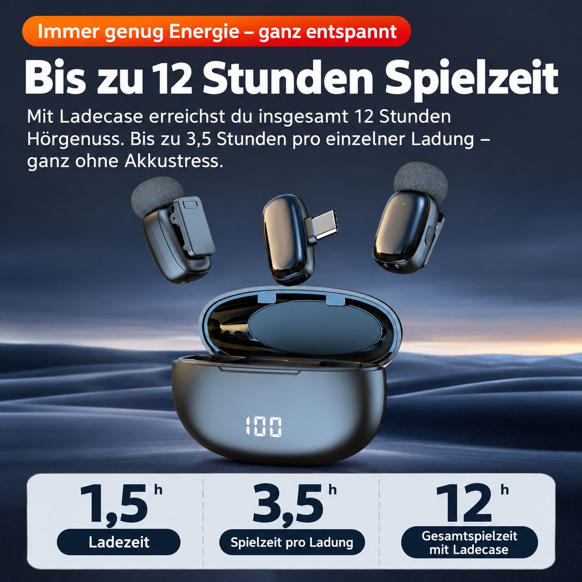 Drei schwarze kabellose Ohrhörer schweben über einer offenen Ladebox mit digitaler Prozentanzeige vor einer Dünenlandschaft.