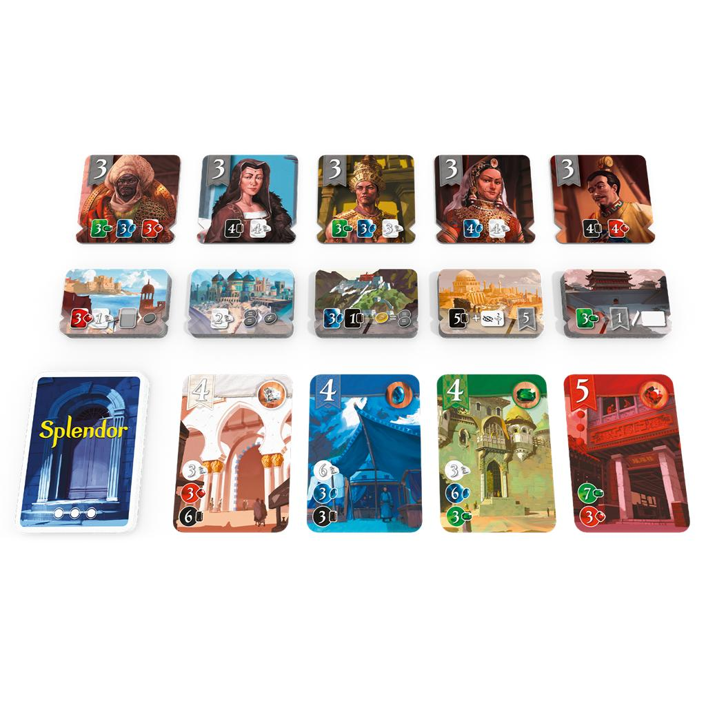 Cartas del juego Splendor con personajes, ciudades y recursos de colores sobre fondo blanco.