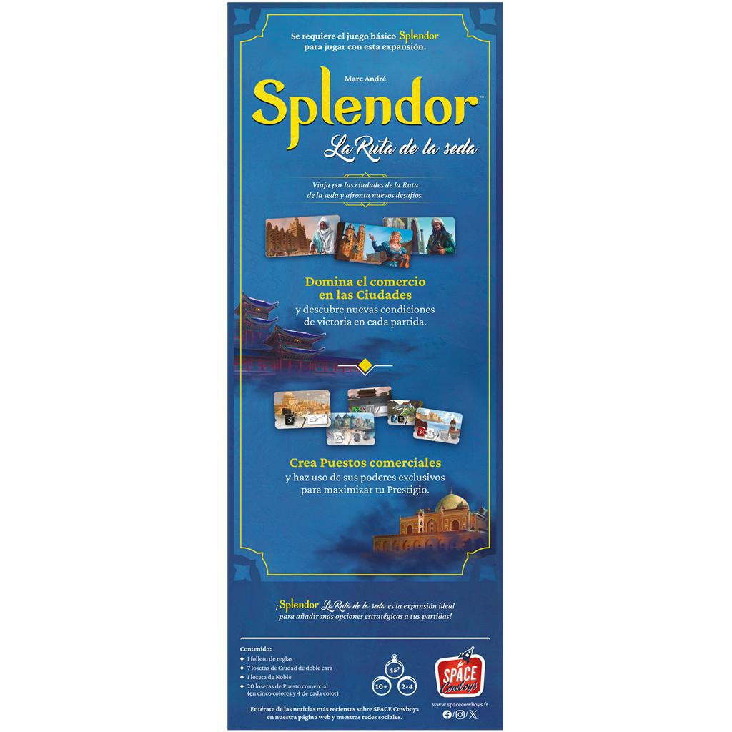 Caja de juego de mesa azul de Splendor La Ruta de la Seda con texto amarillo e ilustraciones de componentes.
