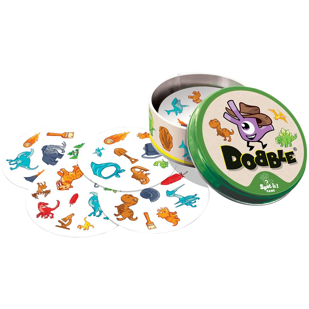 Lata del juego Dobble Connect con tapa verde y cartas con ilustraciones de varios dinosaurios.