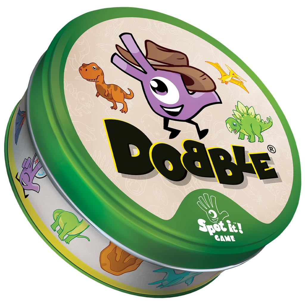 Lata verde del juego de cartas Dobble con temática de dinosaurios y personajes.