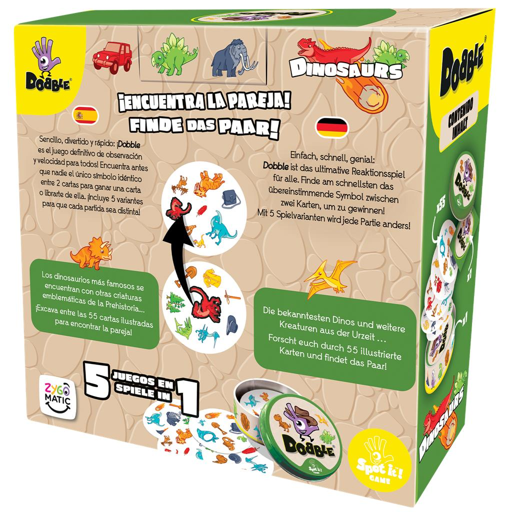 Parte trasera de la caja del juego Dobble Dinosaurs con explicaciones en español y alemán, e ilustraciones de cartas.
